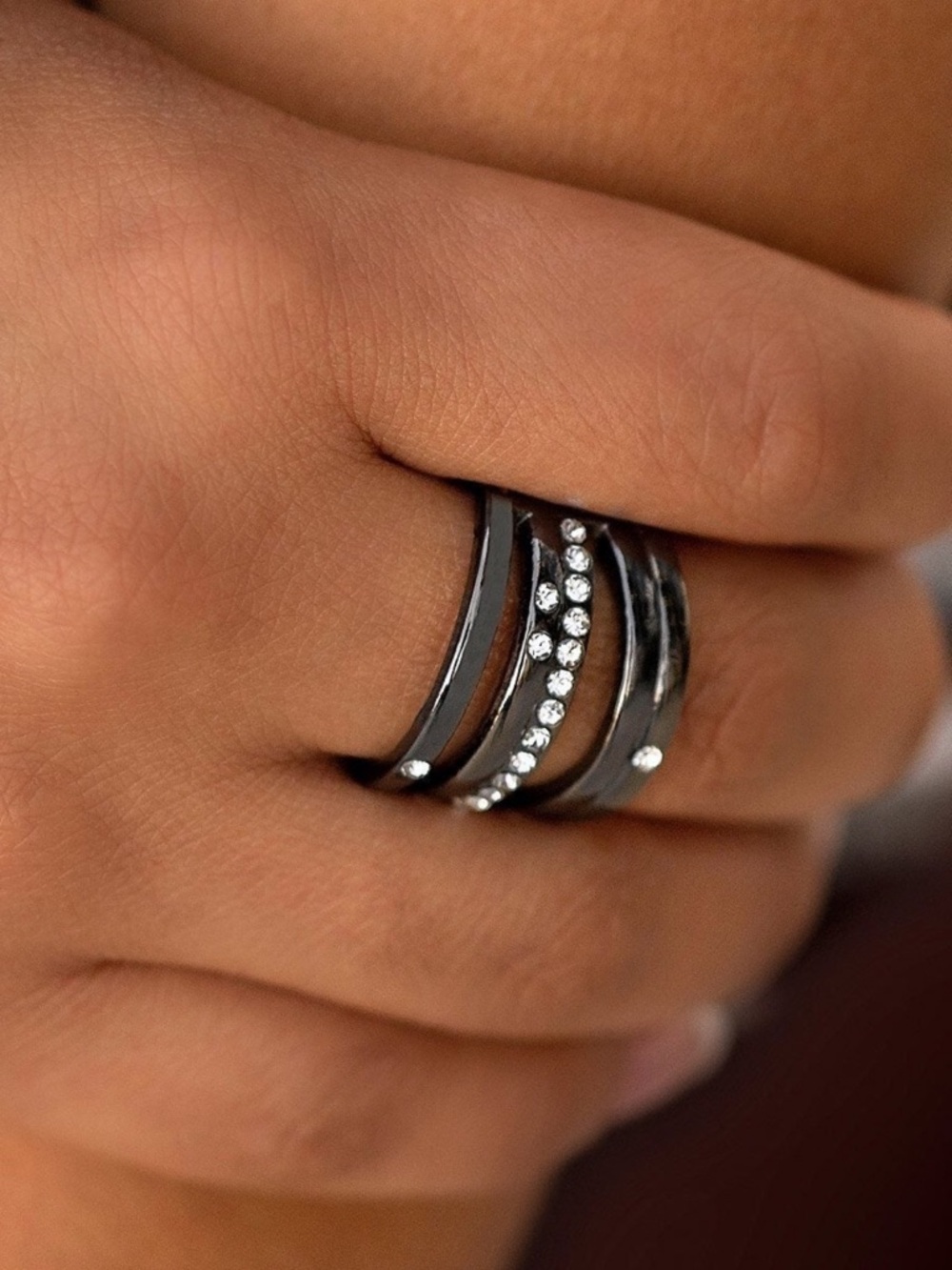 Black Gunmetal Multi-Row Ring with Rhinestones